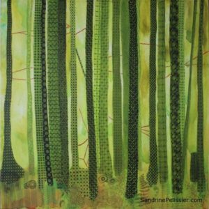 forest painting with patterns by North Vancouver artist Sandrine Pelissier