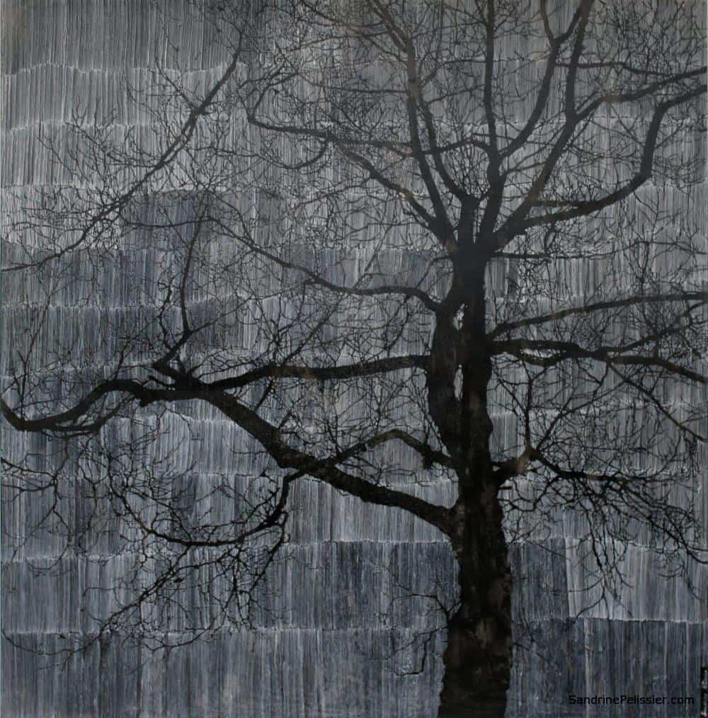 Timelines painting of a tree with patterns by North Vancouver artist Sandrine Pelissier